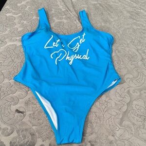 Miaiulia women’s Vibrant aqua Blue cheeky Swimsuit  Playful White Script jr Sz M